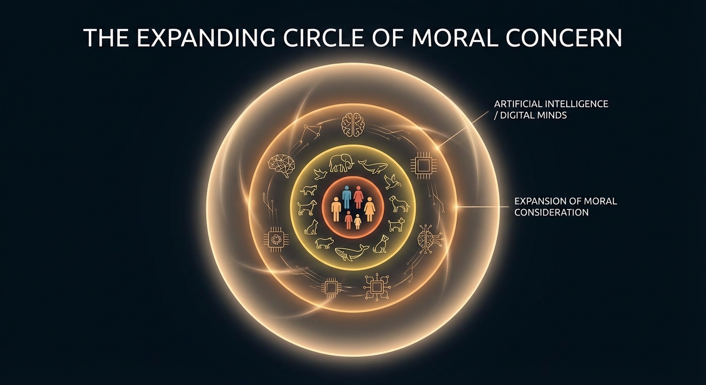 Concentric circles expanding outward from center - inner rings showing humans, middle rings showing animals, outer edge showing AI and robots, representing the historical expansion of moral consideration