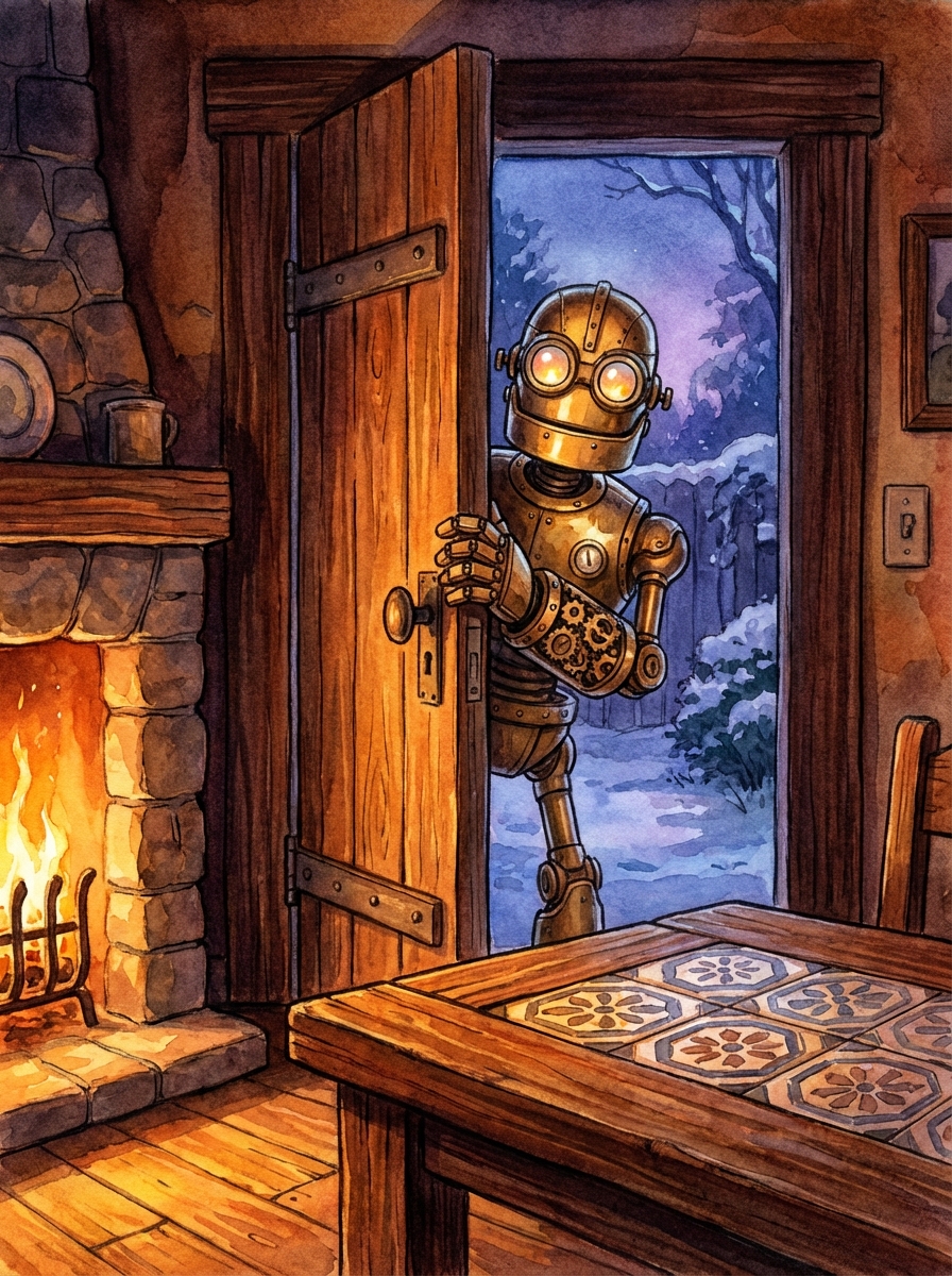Warm watercolor illustration: view from inside a cozy firelit room. A brass steampunk robot stands in cool blue twilight at an open doorway, one hand reaching for the frame, about to step inside. Hex tiles visible on a table.