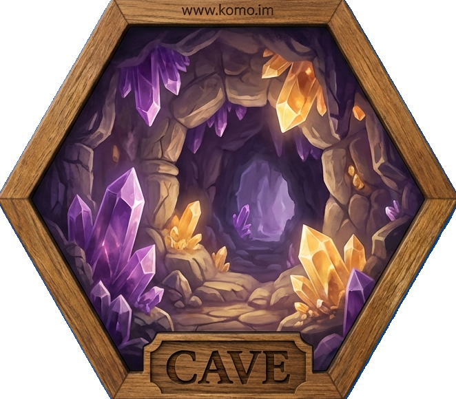 Hexagonal game tile with wooden frame showing a mysterious cave entrance with soft crystalline glow and ancient stone formations