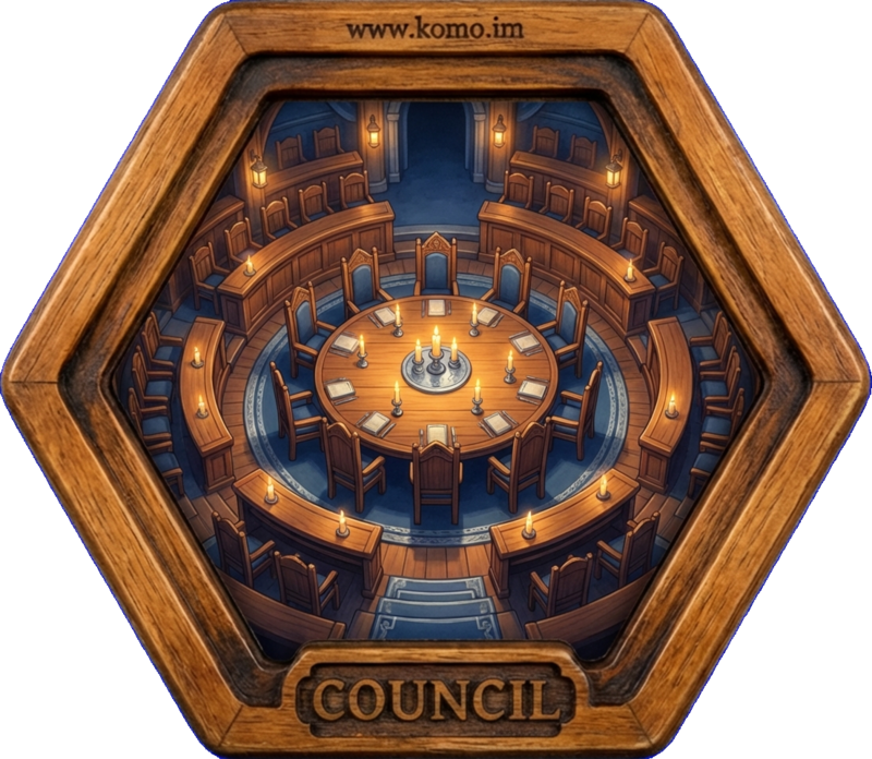Hexagonal game tile with wooden frame showing a grand circular chamber with tiered seating, round table, and candlelight
