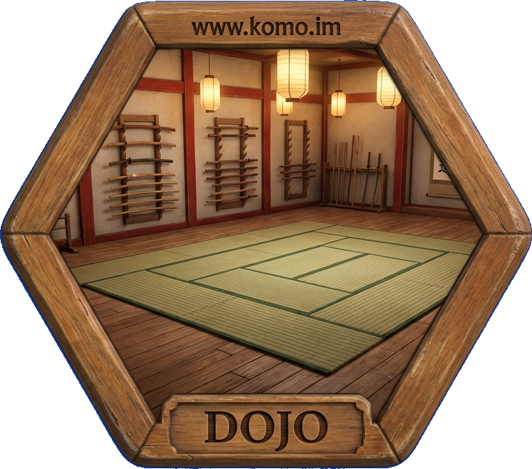 Hexagonal game tile with wooden frame showing a traditional training floor with tatami mats, wooden practice weapons, and warm lantern light