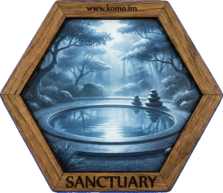 Hexagonal game tile with wooden frame showing a moonlit garden with still reflecting pool, silver light, and meditation stones