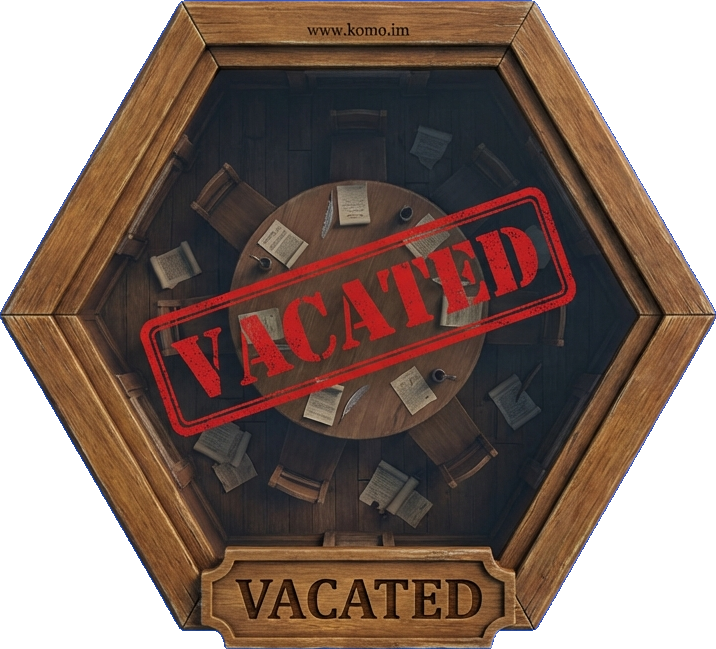 Hexagonal game tile with wooden frame, faded and weathered, with VACATED stamped across in amber tones