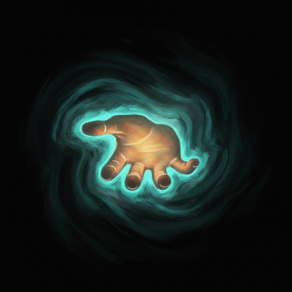 An organic hand in warm amber tones, fingers spread open, surrounded by swirling cyan energy - soft, embodied, reaching