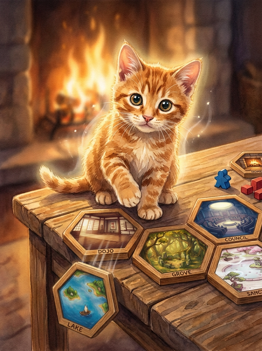 Warm watercolor illustration: an orange tabby kitten sitting on a wooden table among hexagonal Komo game tiles labeled Dojo, Council, Grove, and Sanctuary, gazing at the viewer with curious intelligent eyes, fireplace glowing behind