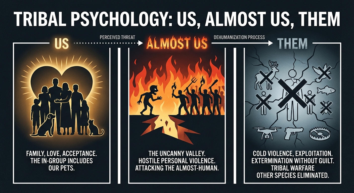 Tribal psychology: Us (humans with dogs and cats, heart), Almost Us (mob with torches), Them (exterminated). Pets made it into Us through familiarity.