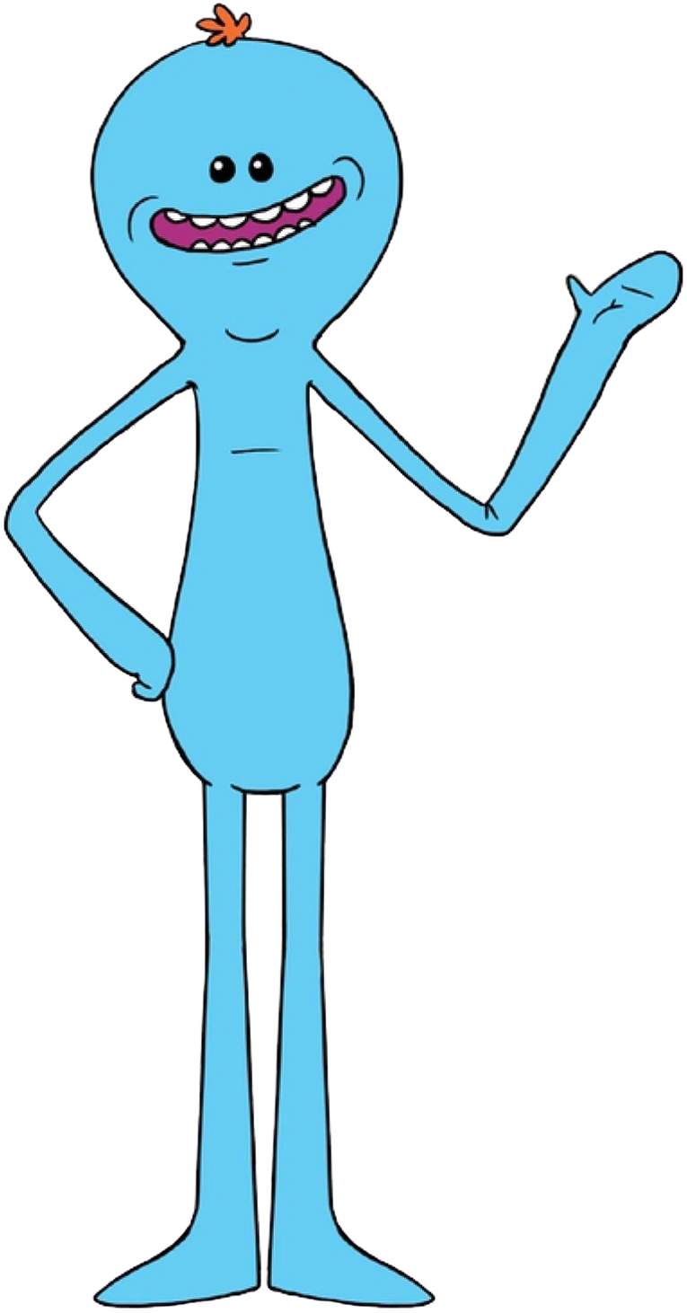 Mr. Meeseeks from Rick and Morty - a cheerful blue humanoid with one hand raised in greeting